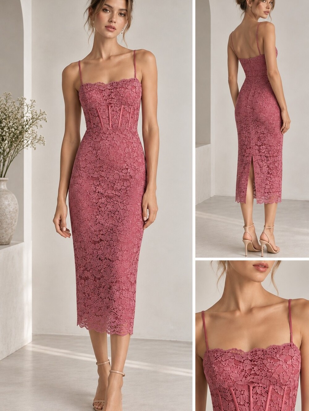 NWT SAYLOR Uri Lace Corset Midi Dress Raspberry Pink Size M $264